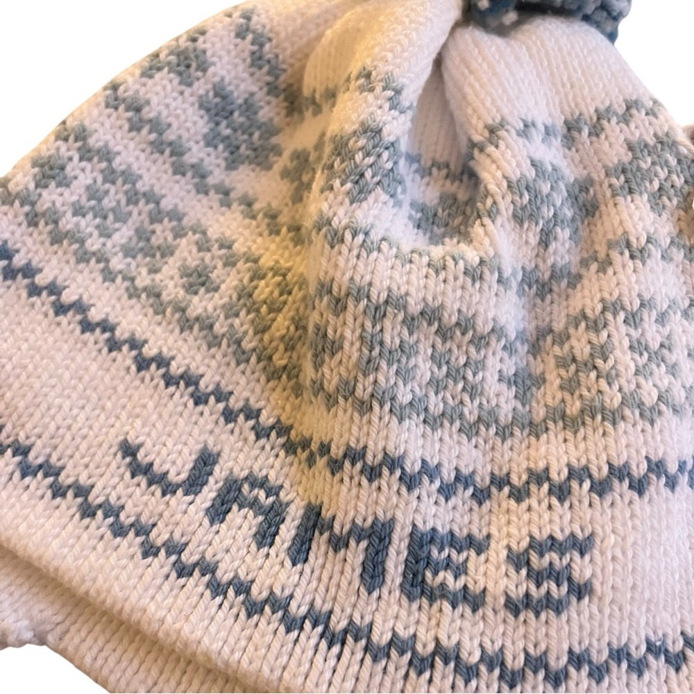 “James” Monogrammed Blue and White Knit Hat with Pom Pom - Picture 3 of 5